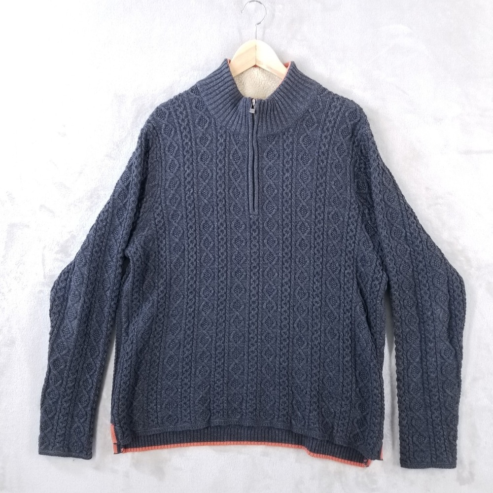 Carbon 2 Cobalt Sweater L Greystones Fisherman Cable Knit 1/4 Zip Sherpa Collar